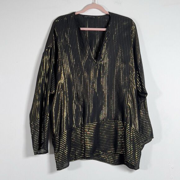 Zara Woman Black Gold Striped Metallic Sheer Tunic Top Womens Sz L Long Sleeve - Picture 1 of 9